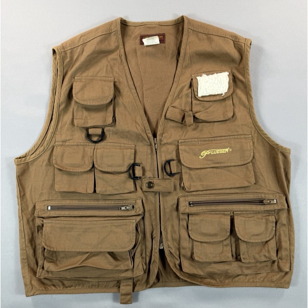 Pflueger Brown Fishing Vest Men's M 100% Cotton Multiple Pockets PYFLYVESTM